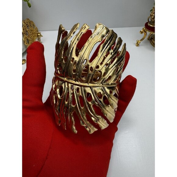 ZARA Gold Leaf Statement Cuff Bracelet Sculptural Openwork Wide Bangle Bold Maxi - Picture 9 of 11